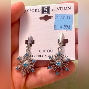 Oxford Station Silver Snowflake Clip-On Earrings with Turquoise imitation Stones
